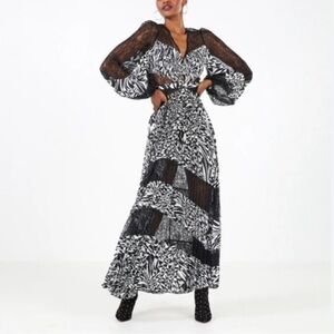 Runway Romeo Mixed Print Lace Black White Combo Maxi Dress, NWT